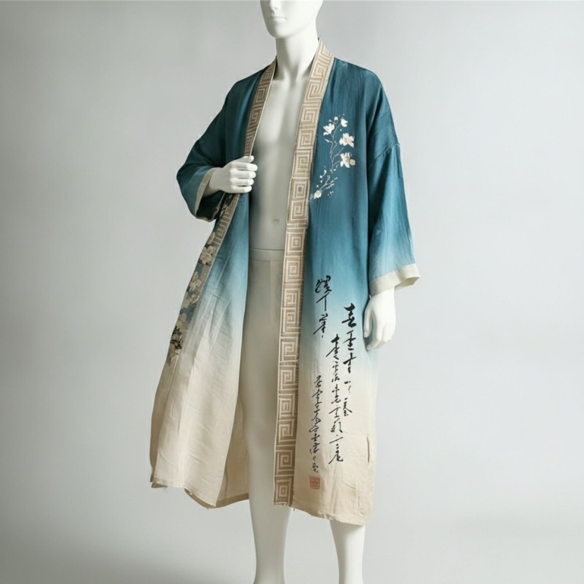 Robe Kimono Chinois Unisexe – Bleu et Beige - S