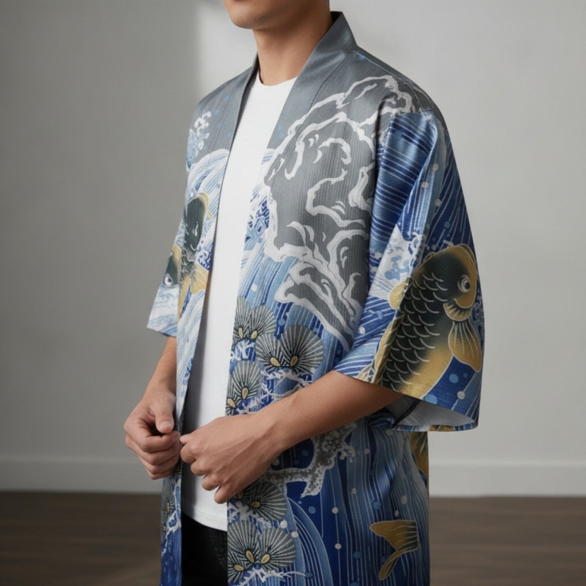 Kimono Style Ukiyoe Homme – Gris et Bleu - XXS