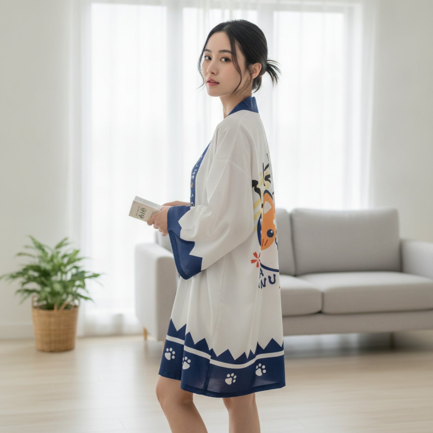 Cardigan Kimono Japonais Imprimé Chiot & Chat 3D