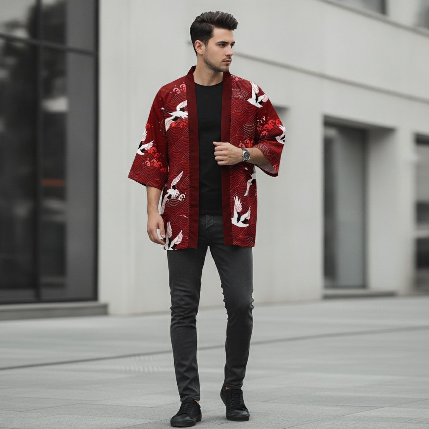 Kimono Haori Noir Grue - Style Asiatique Homme