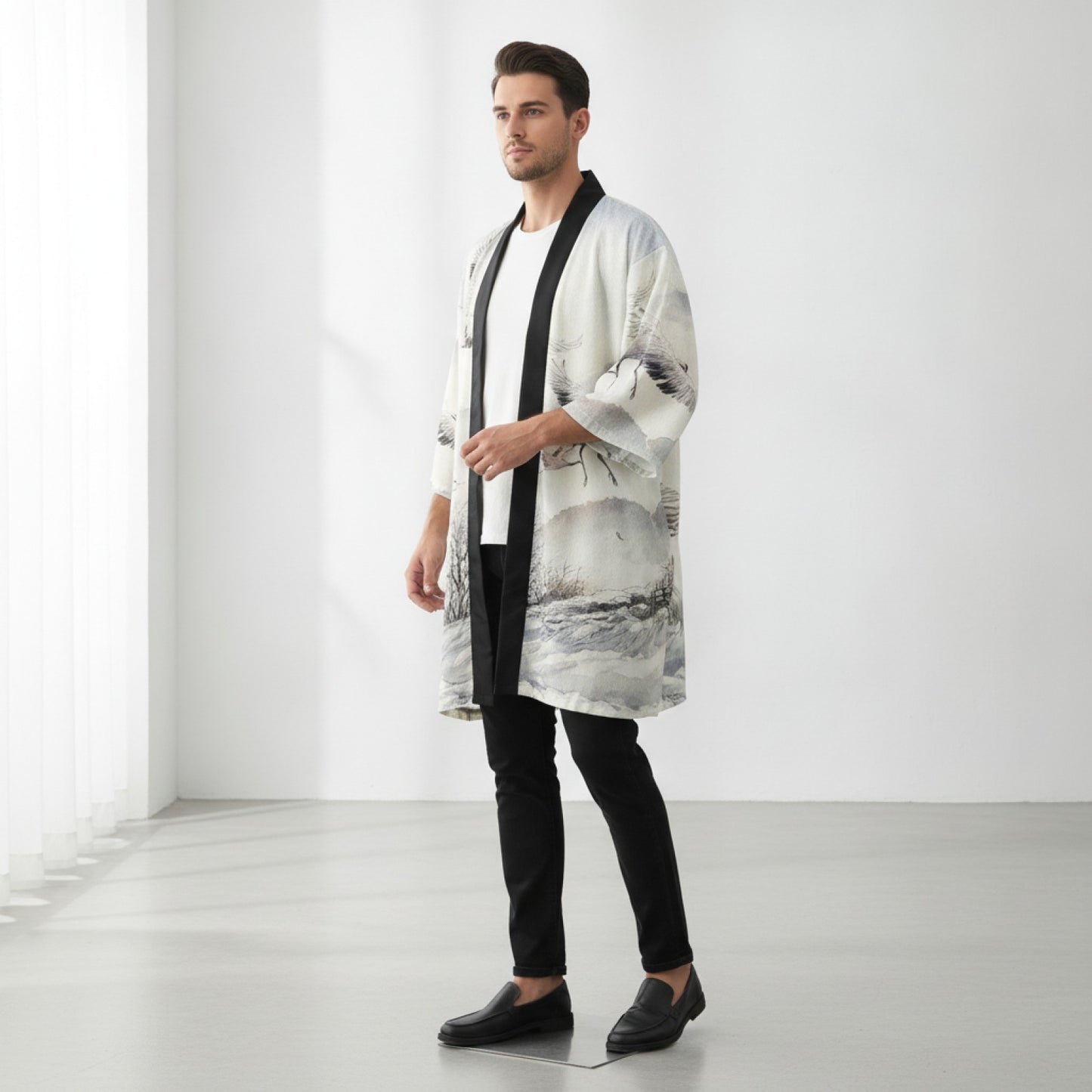 Kimono Haori Homme Noir Imprimé Grue