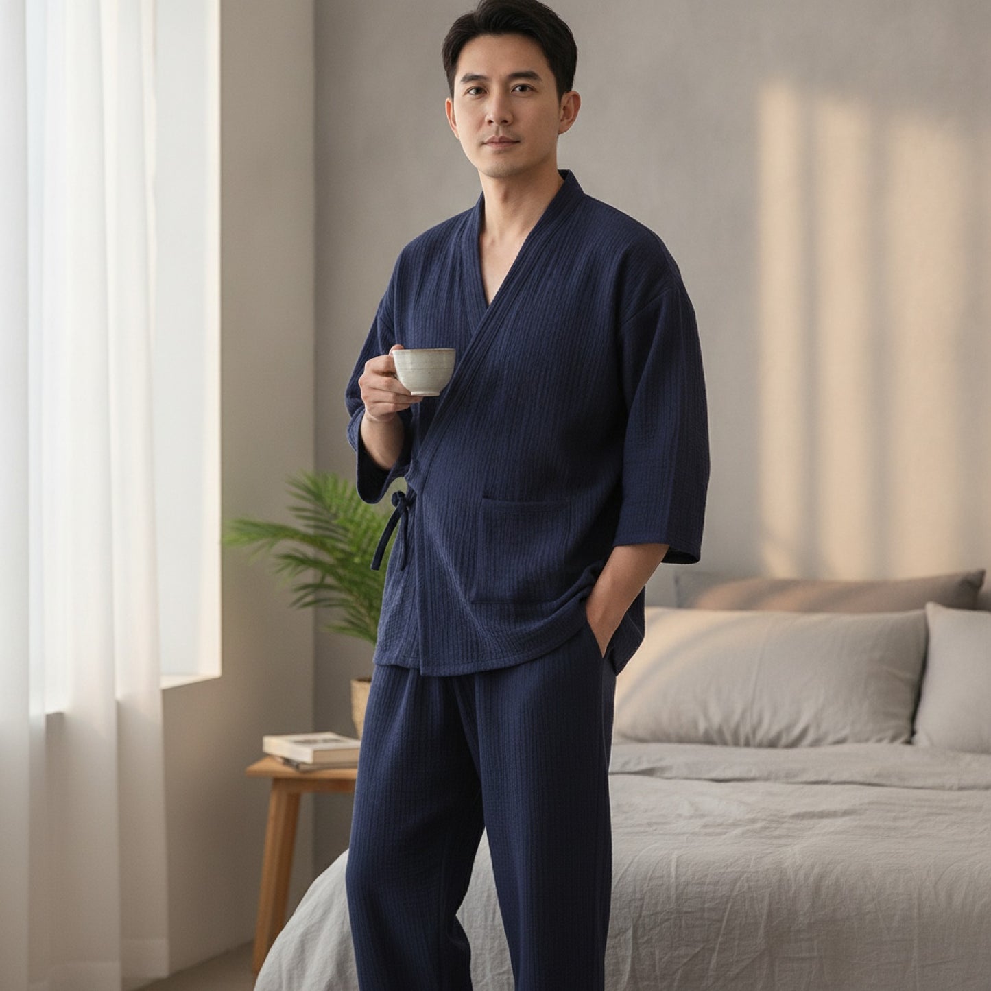 Pyjama Kimono Homme Gaze Fine Bleu Marine