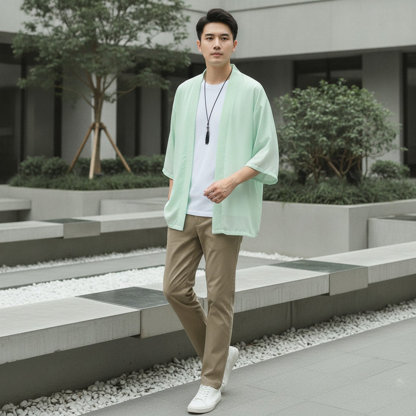 Chemise Kimono Homme Vert Haricot