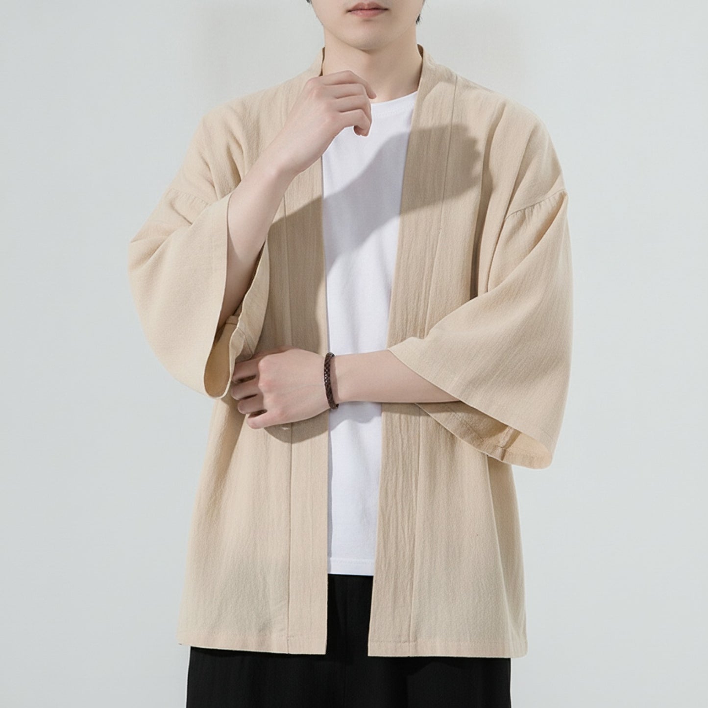 Cardigan Kimono Homme Coton Lin Khaki