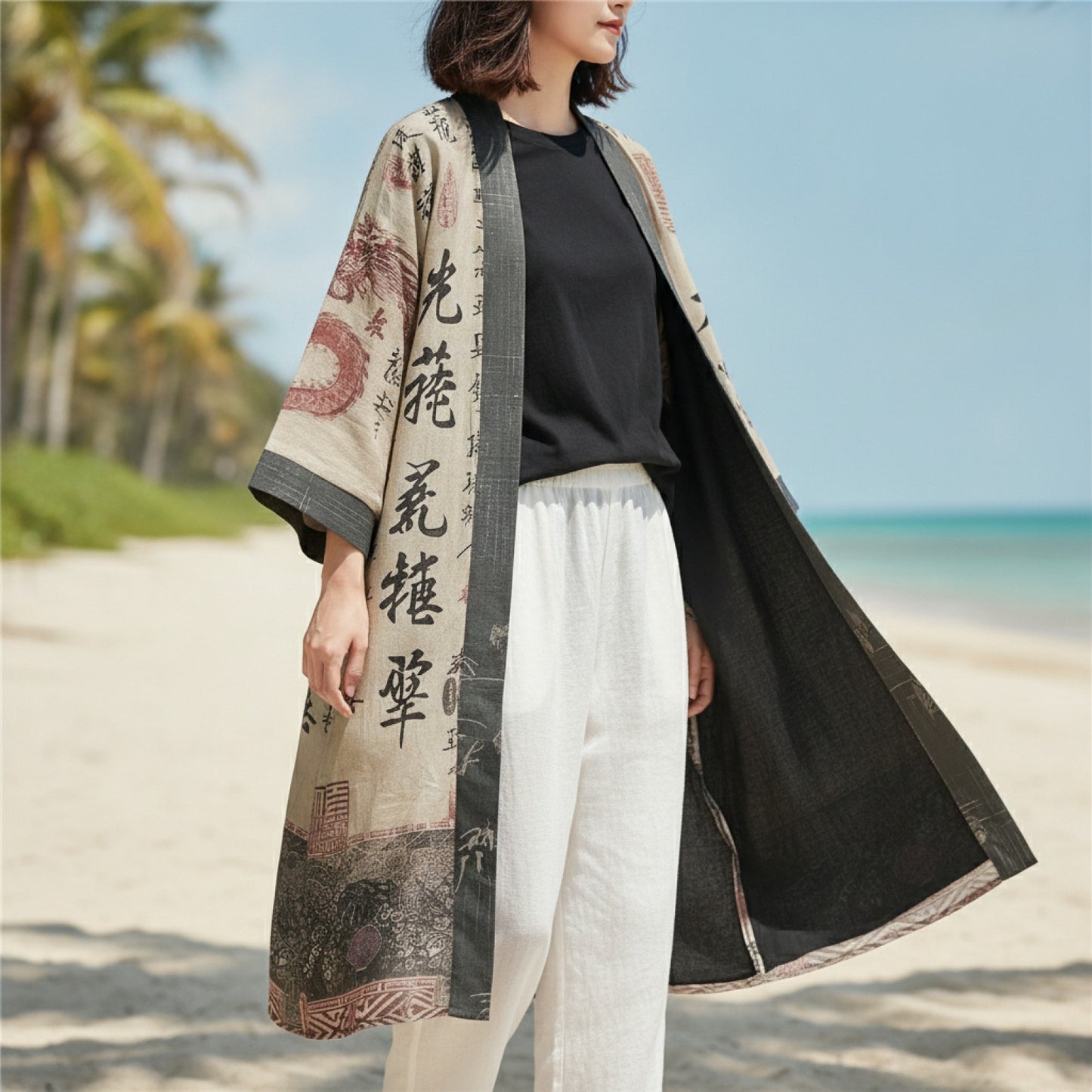 Kimono Long Imprimé Chinois Unisexe