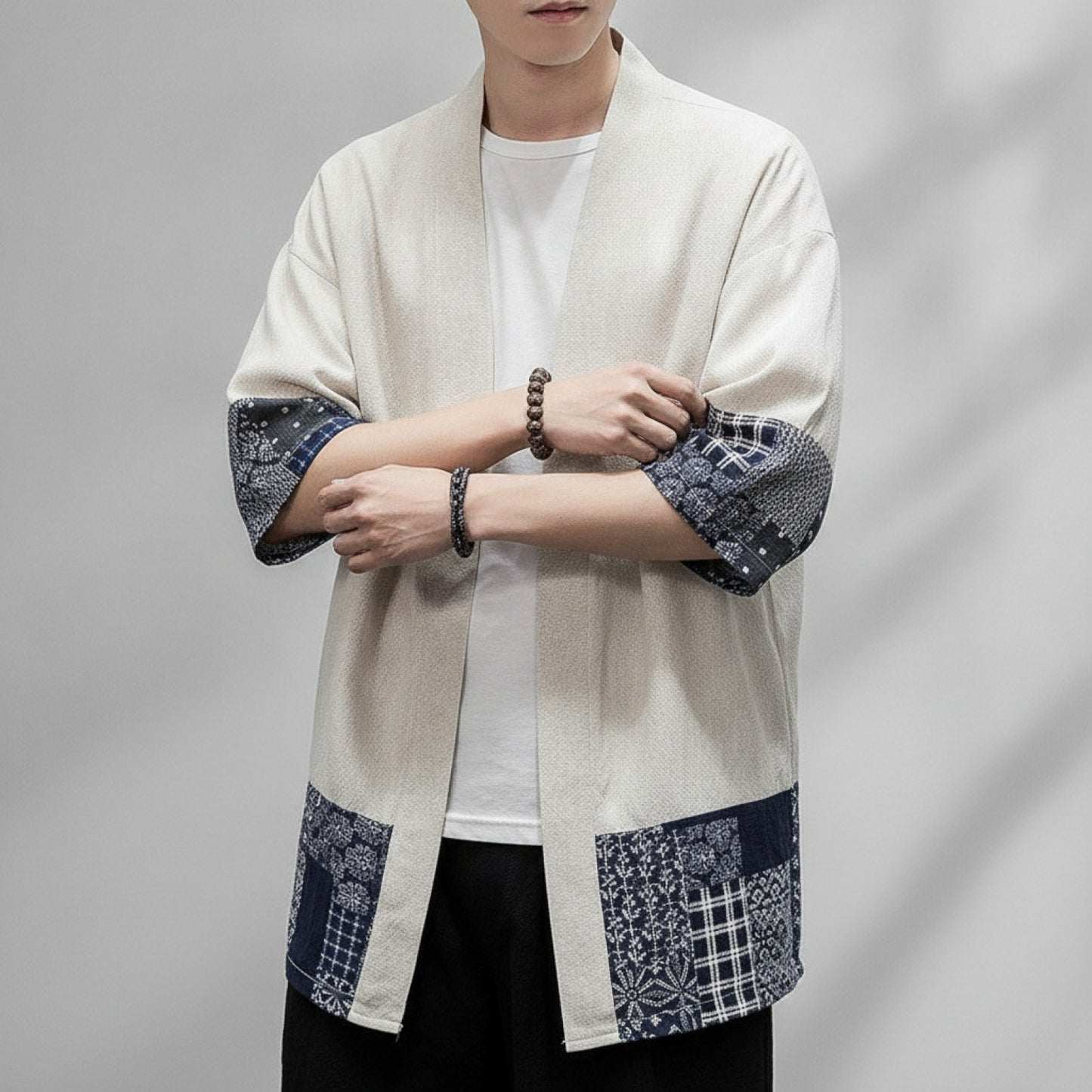 Cardigan Kimono Homme Coton Lin Beige