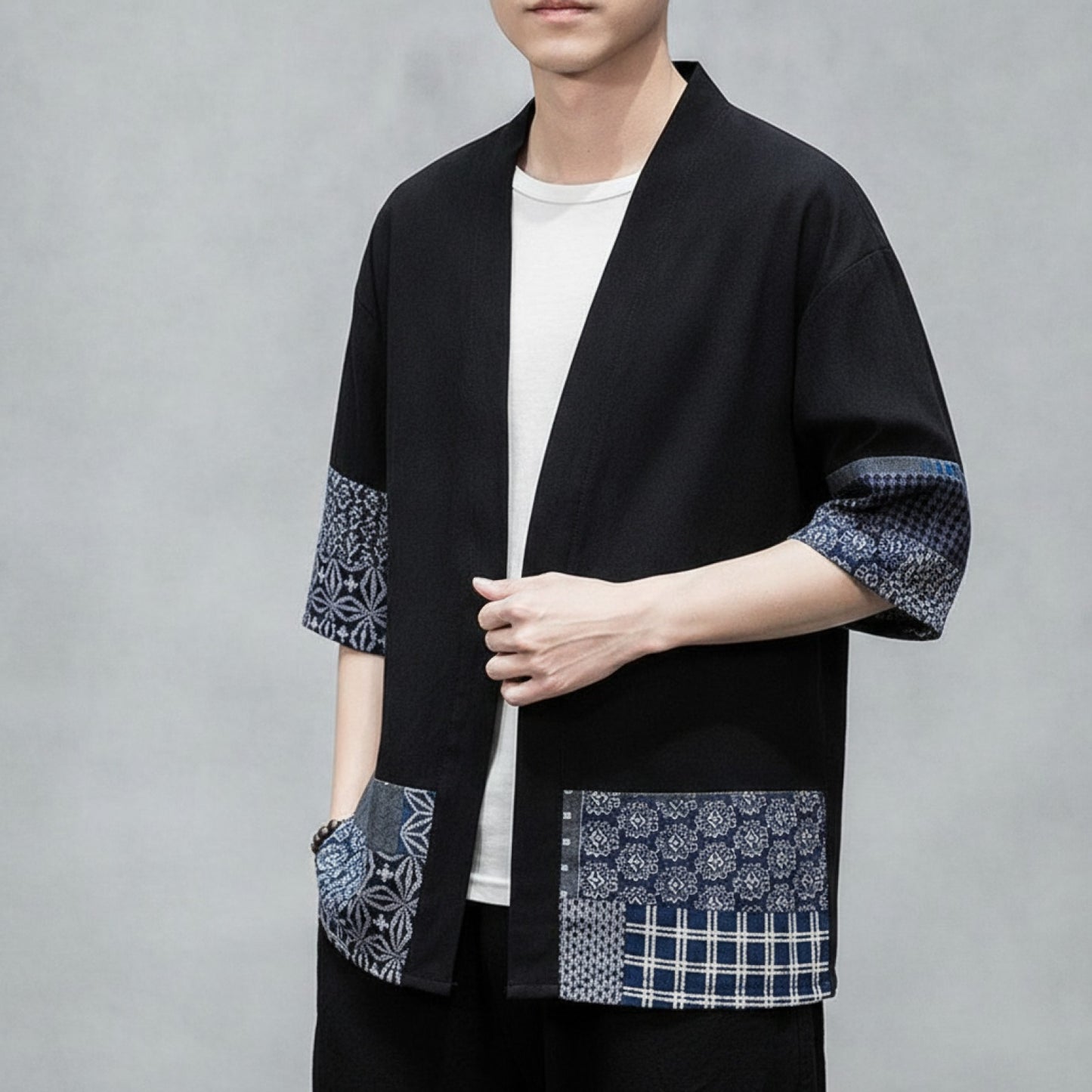 Cardigan Kimono Homme Noir Coton Lin