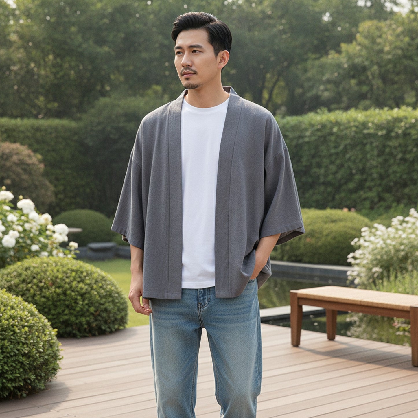 Cardigan Kimono Homme Coton Lin Gris