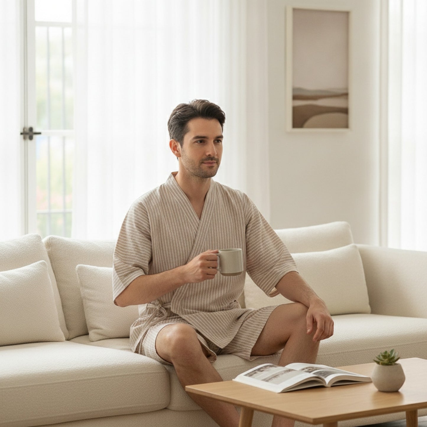 Pyjama Kimono Homme Coton Léger Kaki Rayé