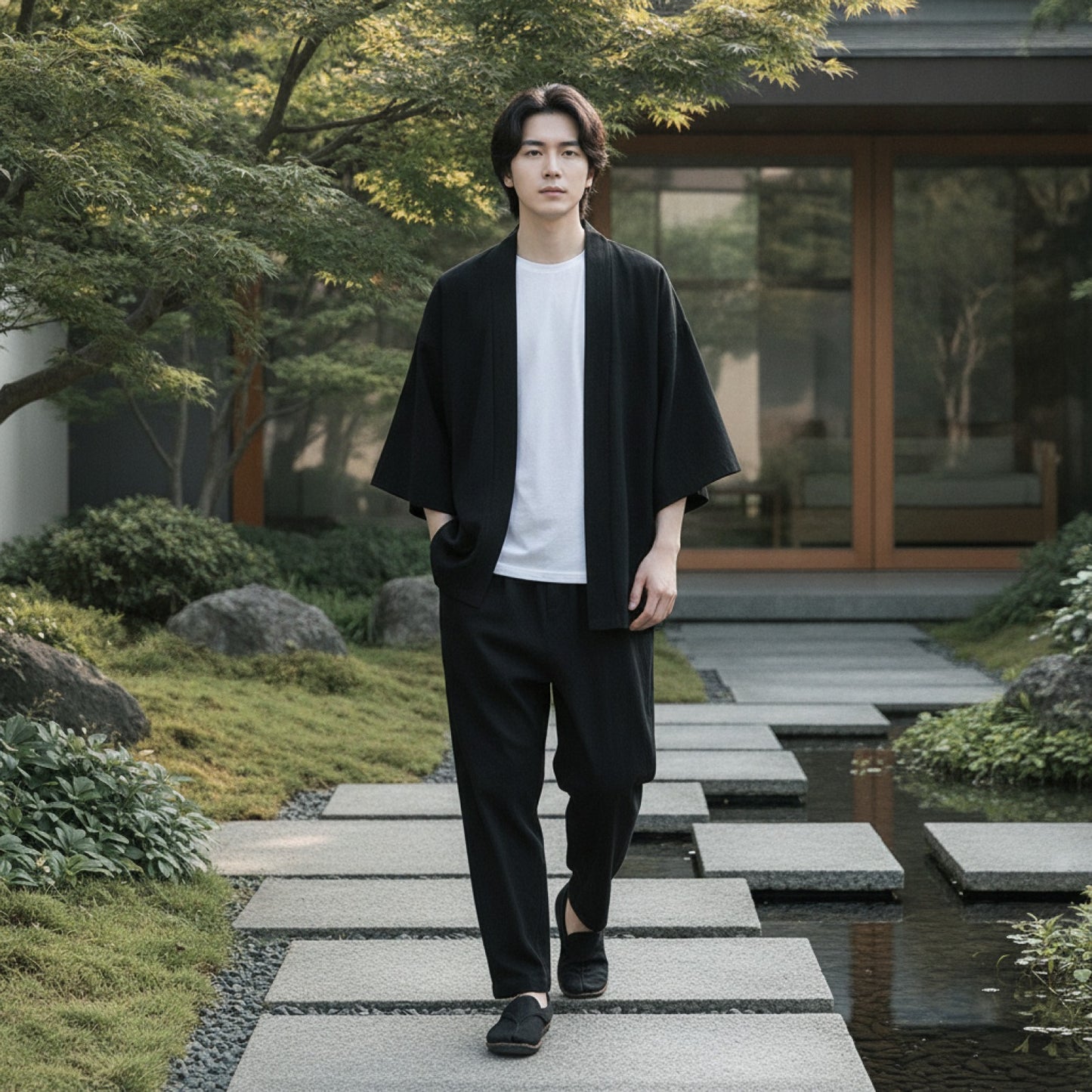 Cardigan Kimono Homme Coton Lin Noir