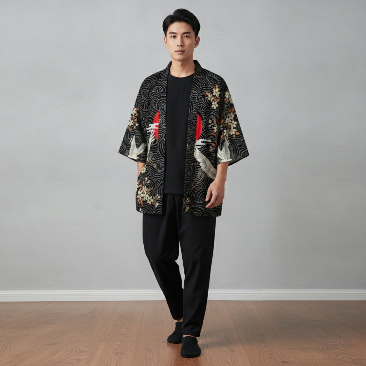 Kimono Haori Homme Noir Imprimé Grues