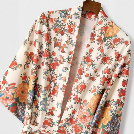 Haori Kimono Fleuri Bohème Femme – Beige - Kimono Zen