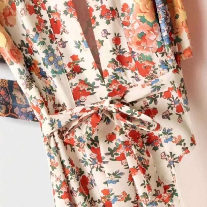 Haori Kimono Fleuri Bohème Femme – Beige - Kimono Zen