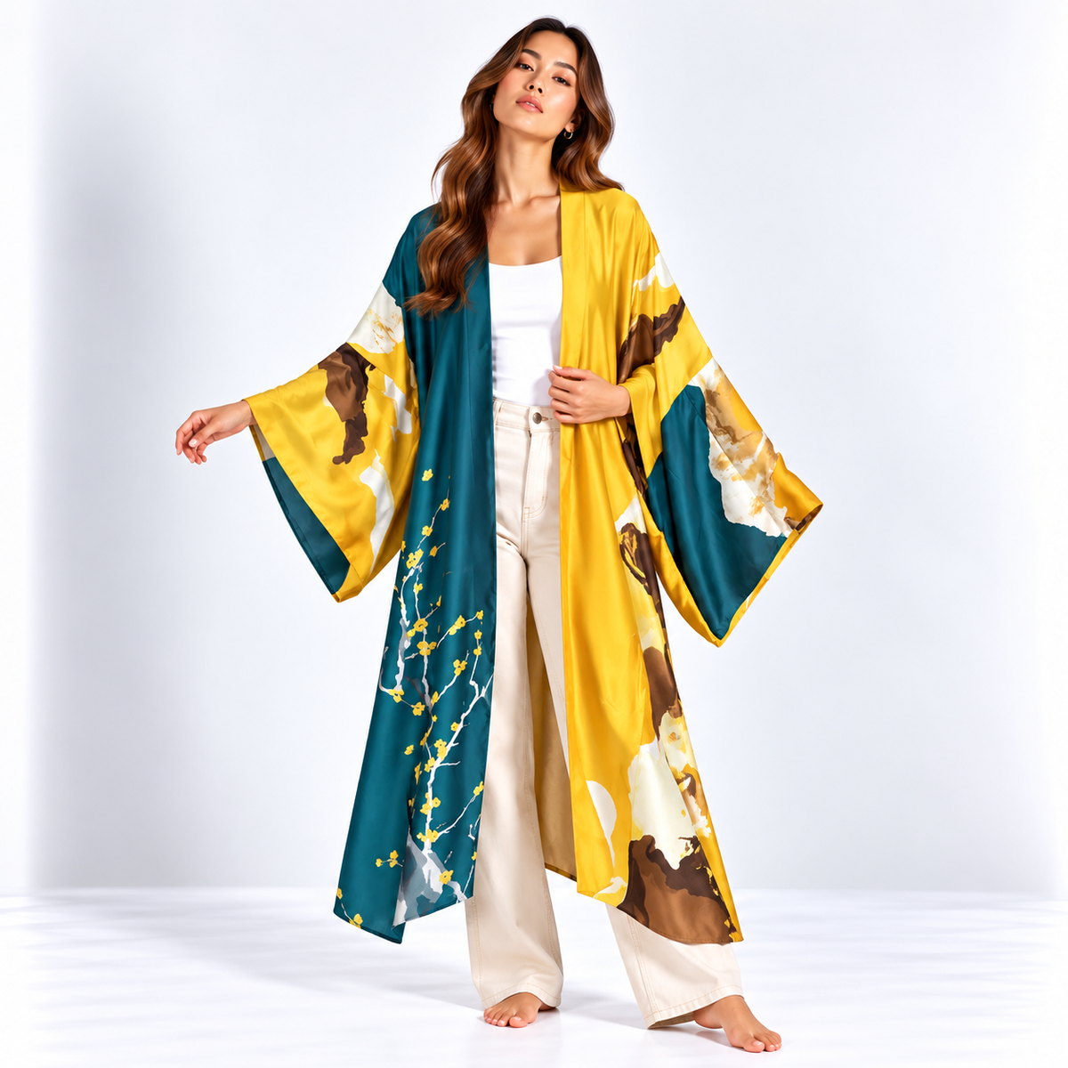 Kimono Long Estampe | Bleu Canard