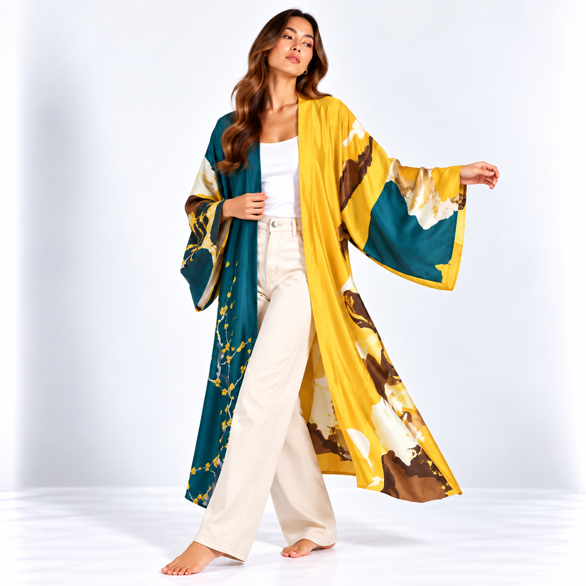 Kimono Long Estampe | Bleu Canard