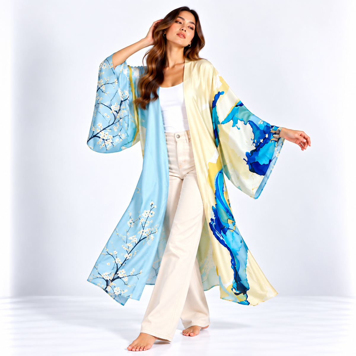 Kimono Long Aquarelle | Bleu Ciel