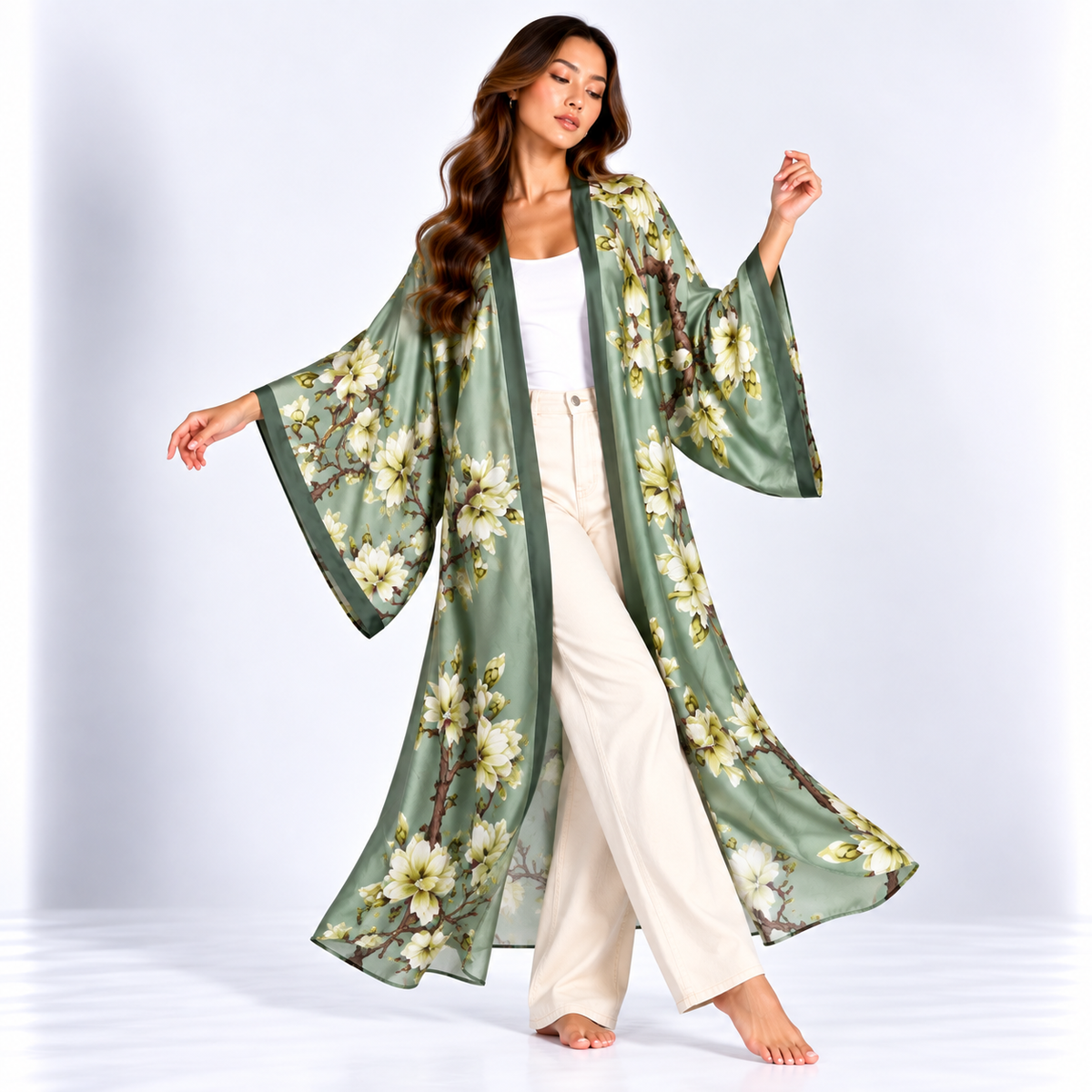 Kimono Long Jardin | Vert Sauge