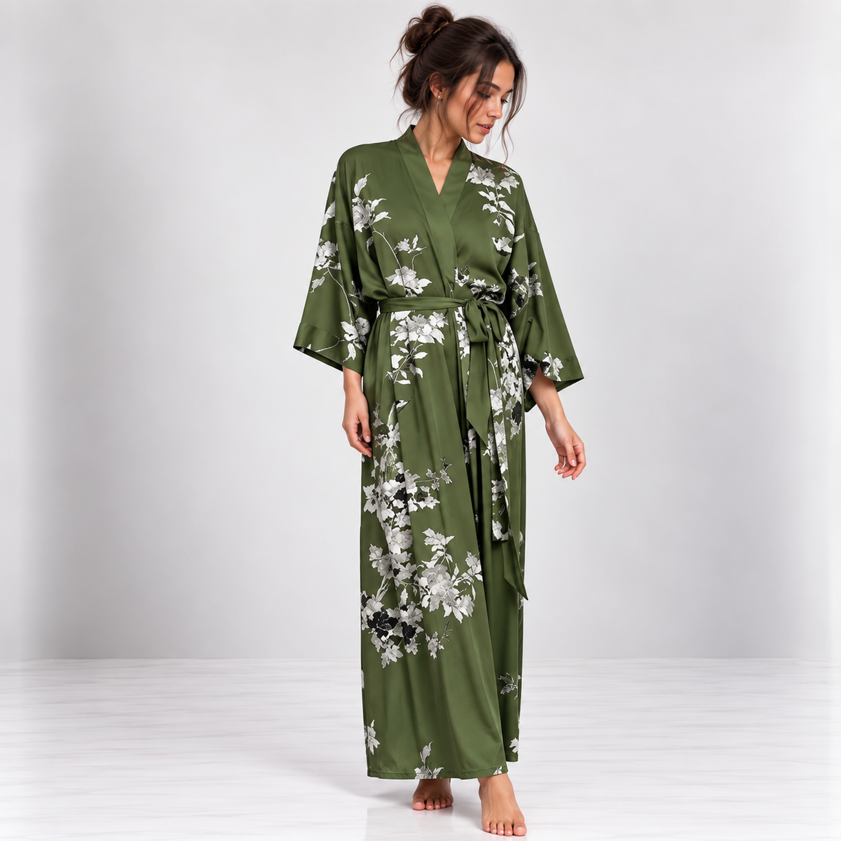 Kimono Long Fleurs Blanches | Vert