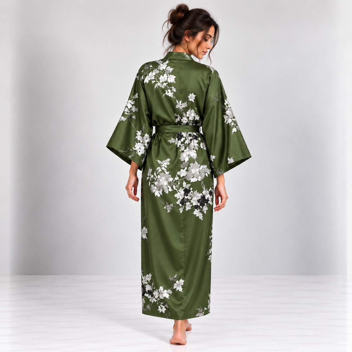 Kimono Long Fleurs Blanches | Vert