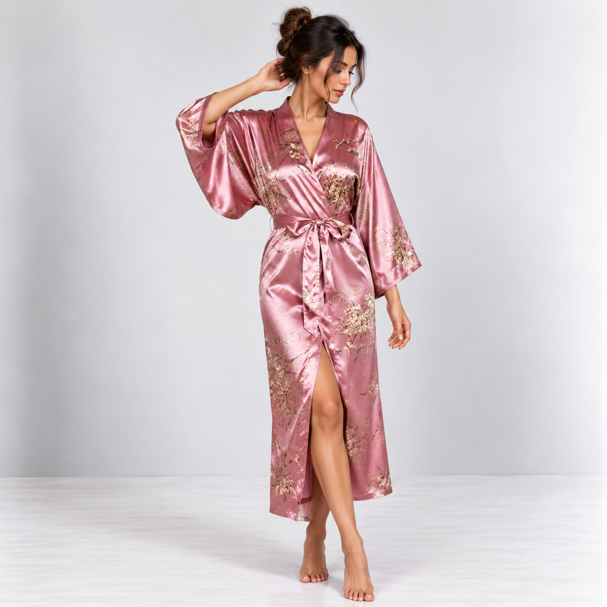 Kimono Satin Fleuri | Rose