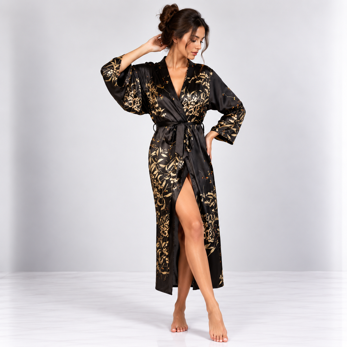 Kimono Satin Fleuri | Noir