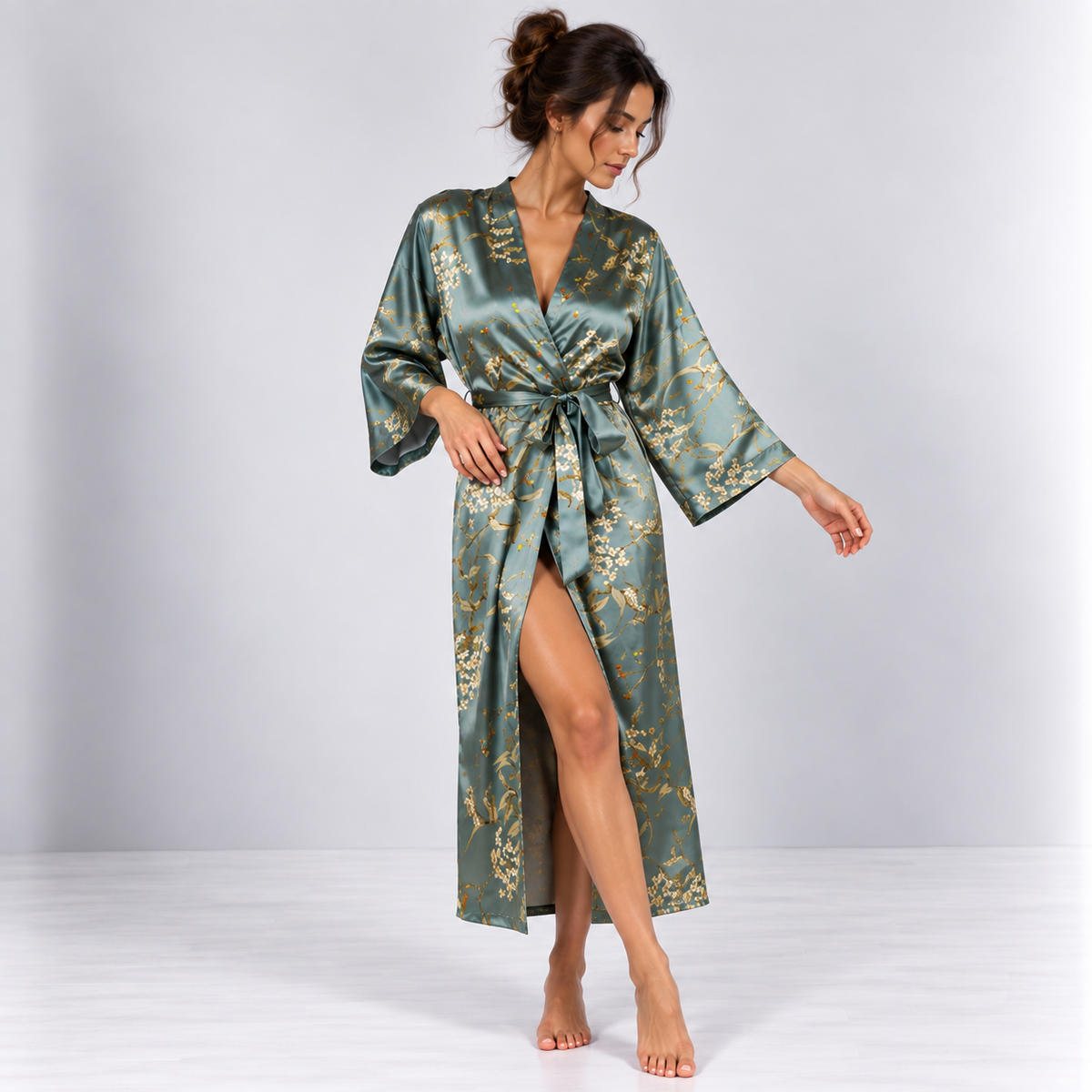 Kimono Satin Fleuri | Vert