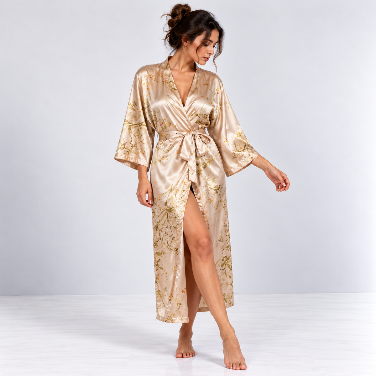 Kimono Satin Fleuri | Champagne