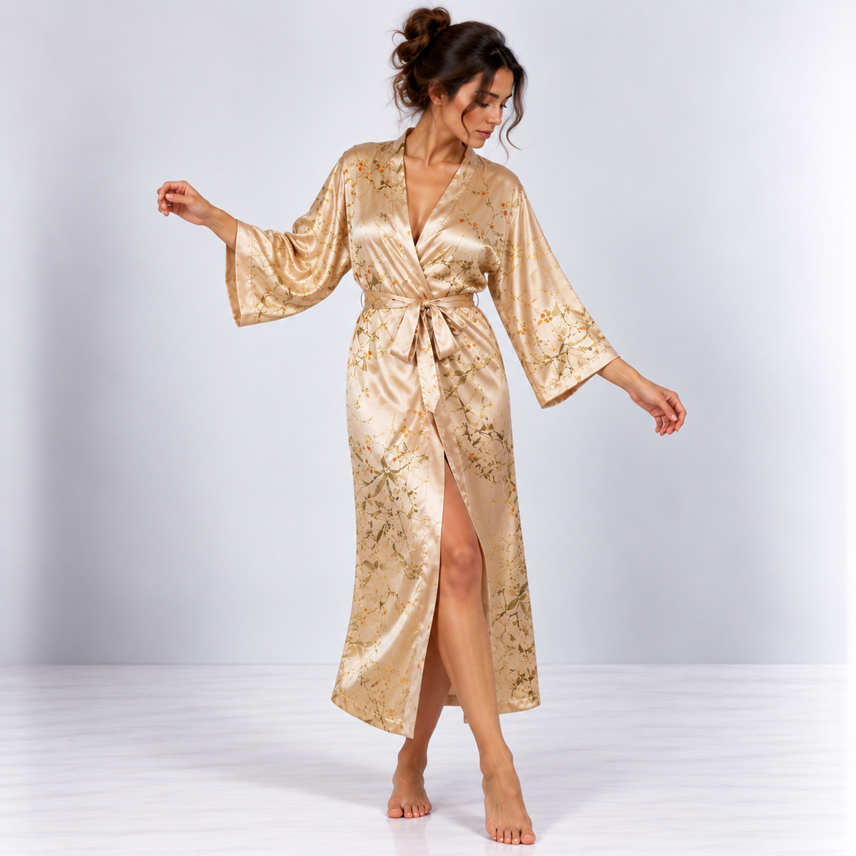 Kimono Satin Fleuri | Champagne