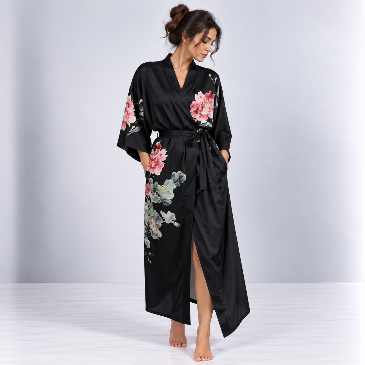 Kimono Long Pivoines | Noir