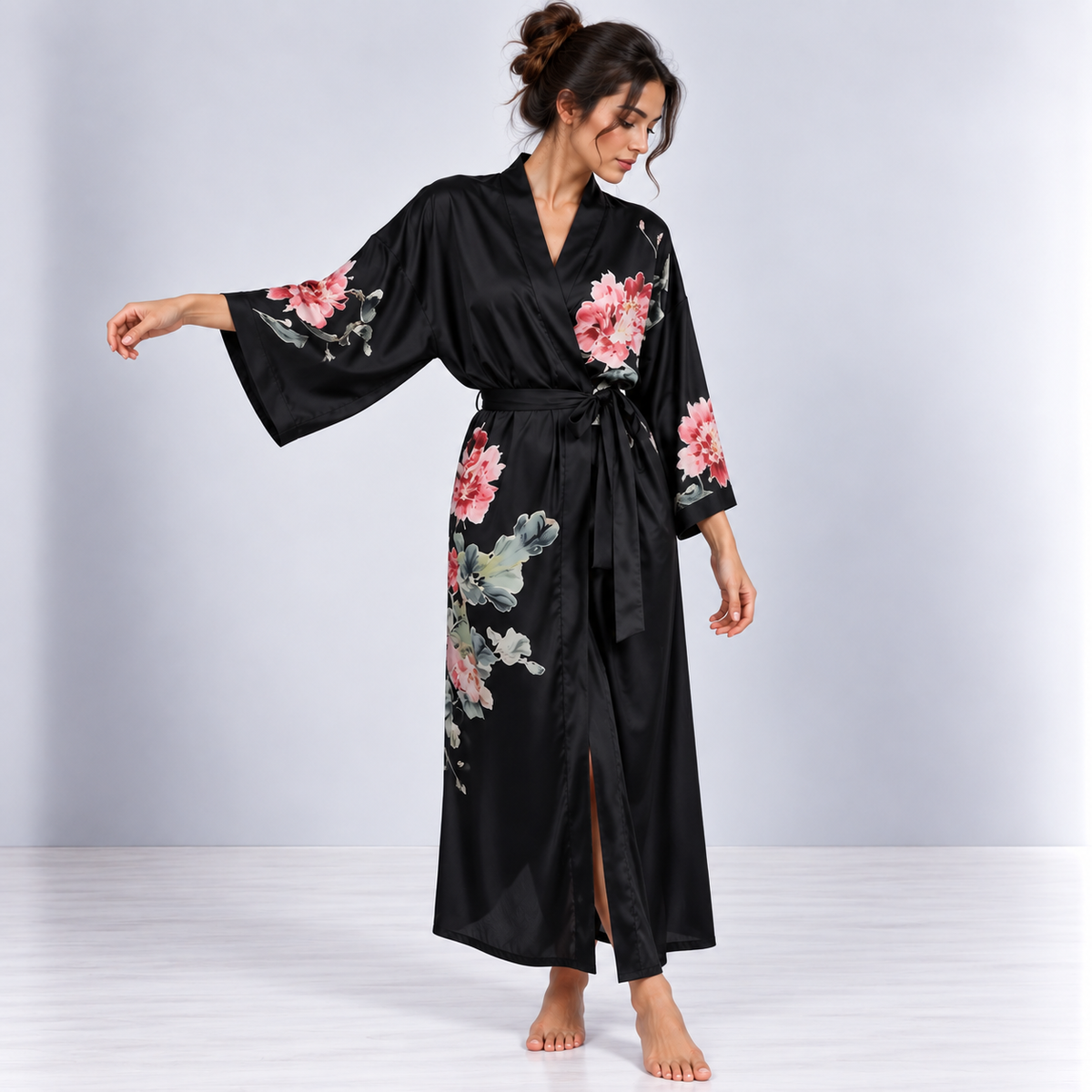Kimono Long Pivoines | Noir