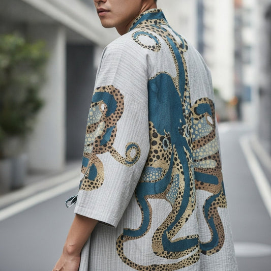 Cardigan Kimono Unisexe – Blanc et Bleu - XXS