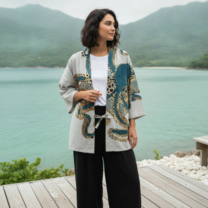 Cardigan Kimono Unisexe – Blanc et Bleu - XXS