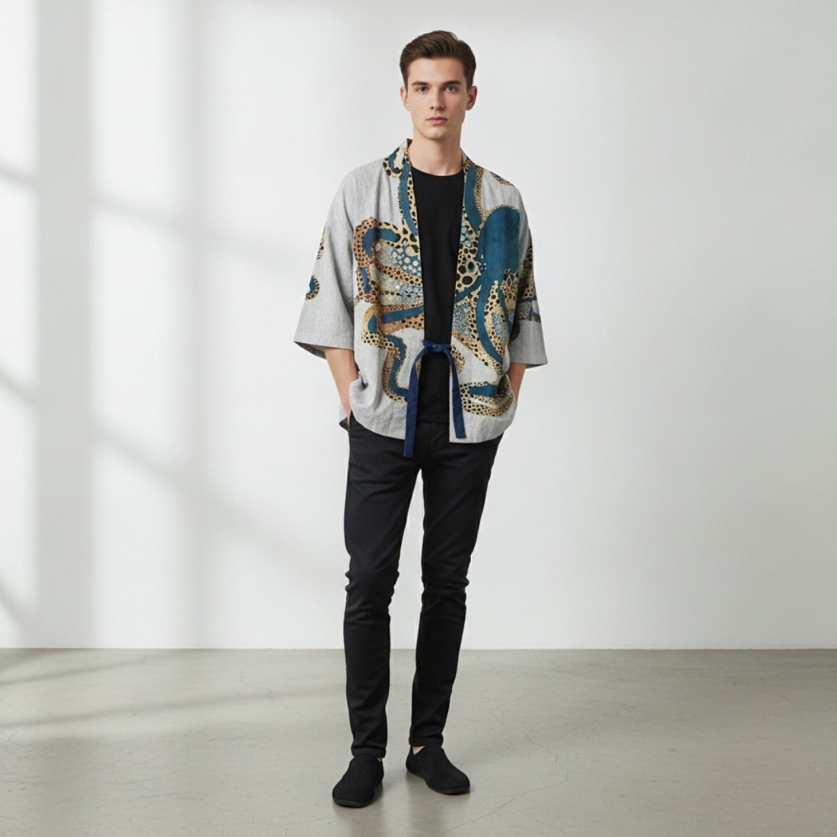 Cardigan Kimono Unisexe – Blanc et Bleu - XXS