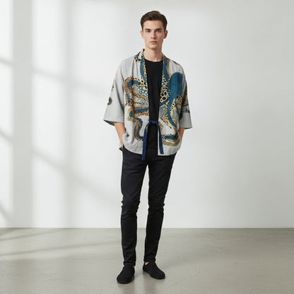 Cardigan Kimono Unisexe – Blanc et Bleu - XXS