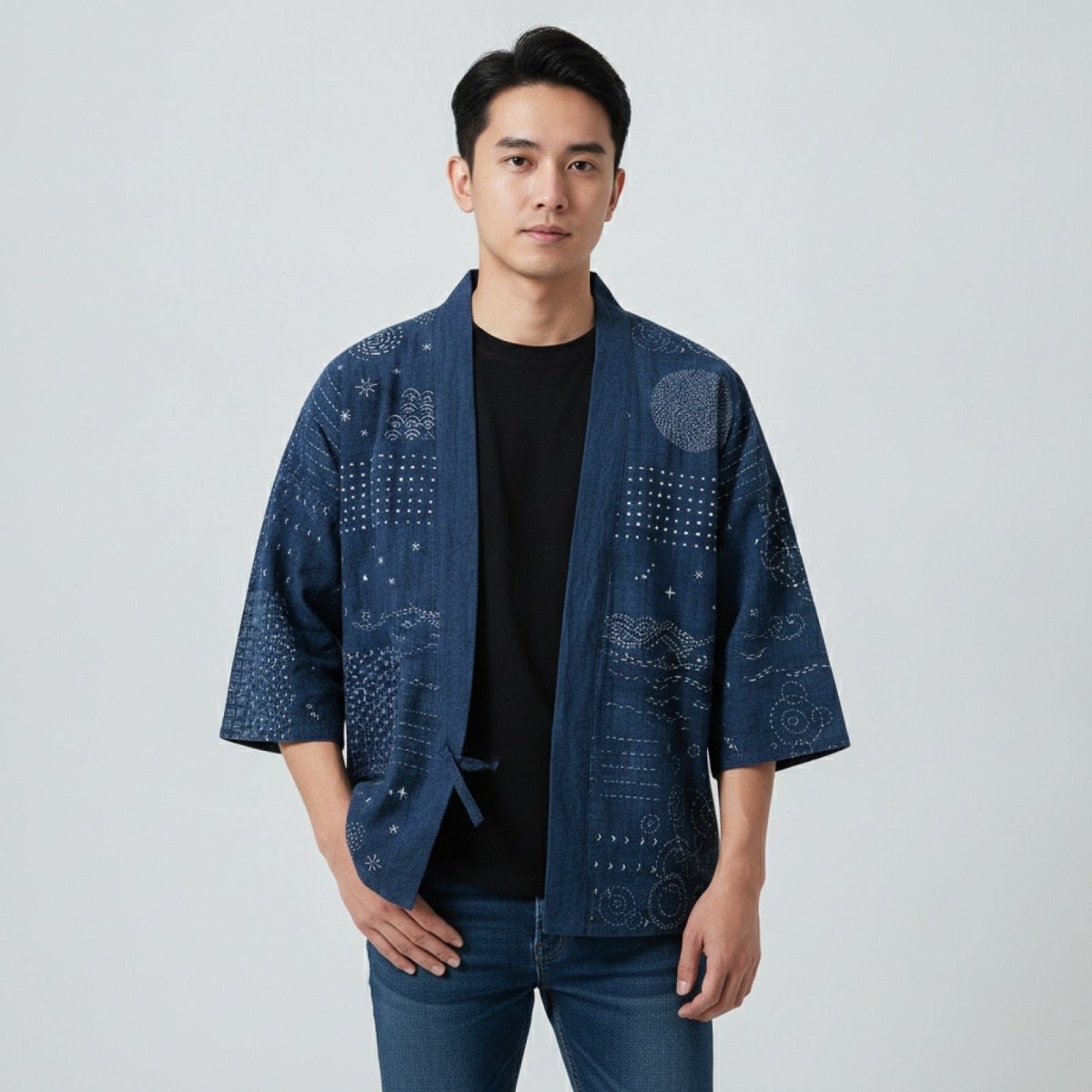 Haori Kimono Sashiko Unisexe – Bleu Marine - XXS