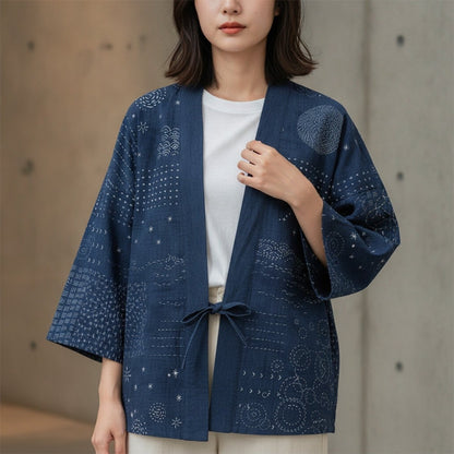 Haori Kimono Sashiko Unisexe – Bleu Marine - XXS