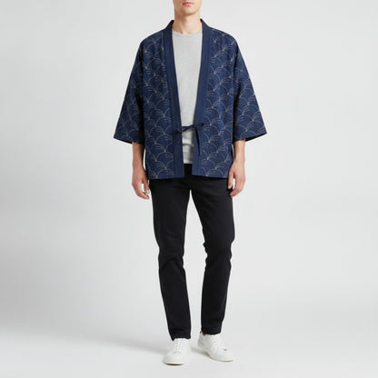 Haori Kimono Vagues Unisexe – Bleu Marine - XXS