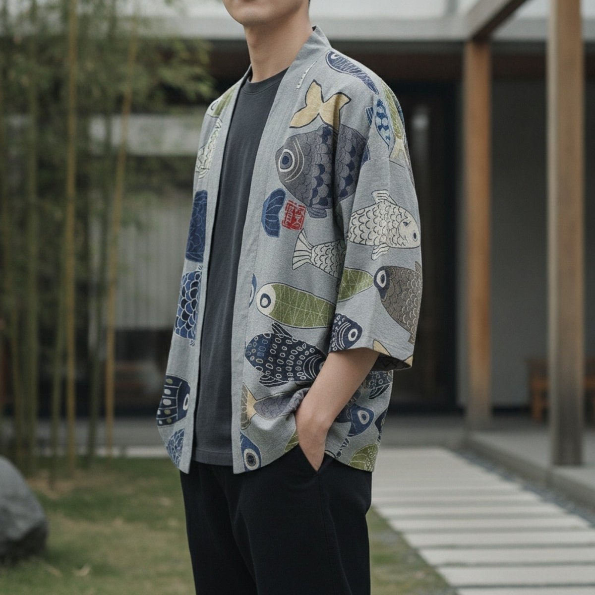Cardigan Kimono Motifs Unisexe – Gris - XXS