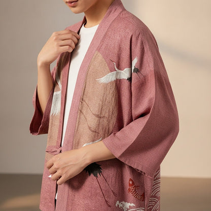 Cardigan Kimono Oriental Unisexe – Rose - XXS