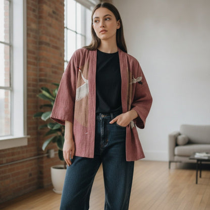 Cardigan Kimono Oriental Unisexe – Rose - XXS