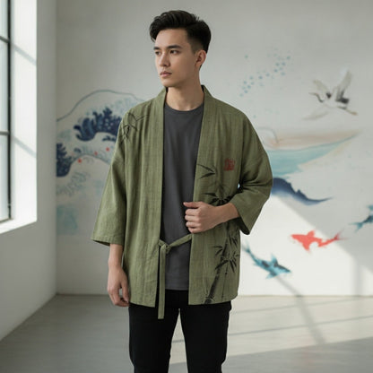 Cardigan Kimono Illustré Unisexe – Vert - XXS