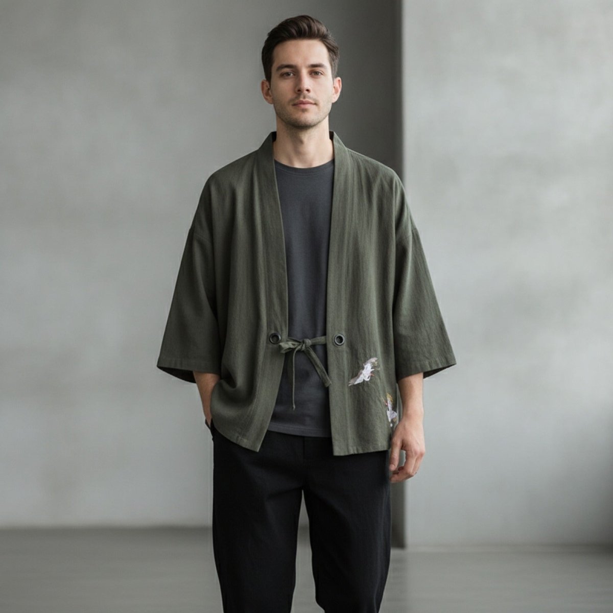 Cardigan Kimono Japonais Homme – Vert Kaki - M