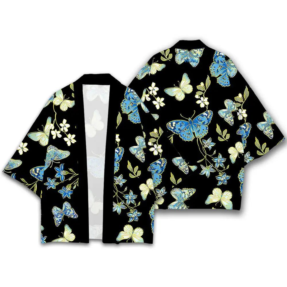 Kimono Papillon Fleurs Femme – Noir - XXS