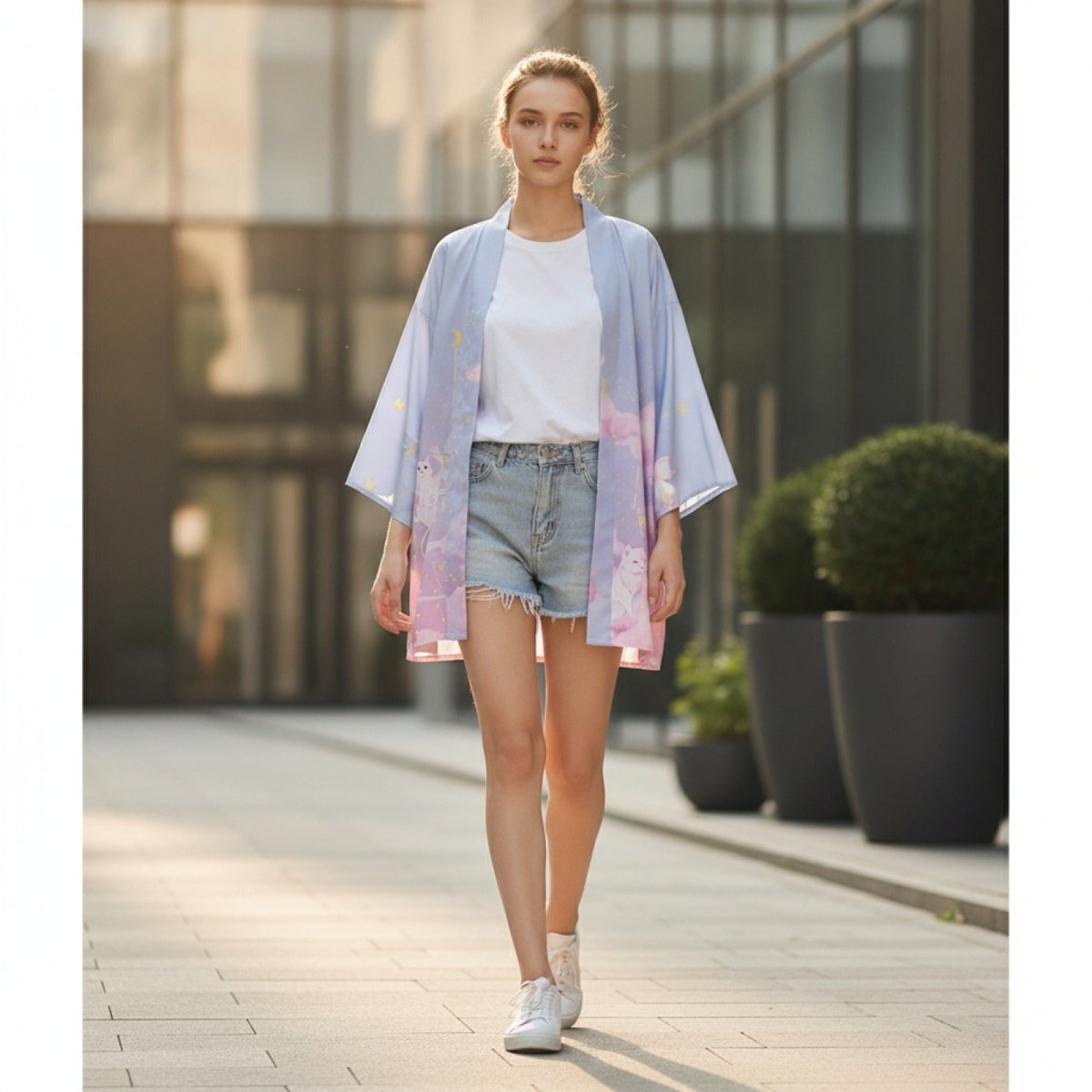 Haori Kimono Chat Femme – Violet Clair - Taille unique