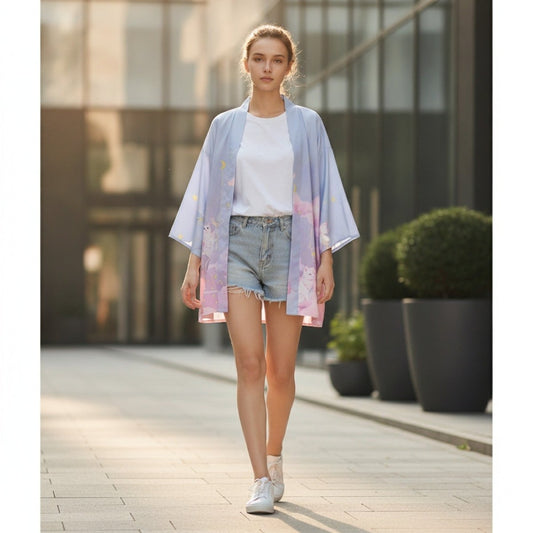 Haori Kimono Chat Femme – Violet Clair - Taille unique