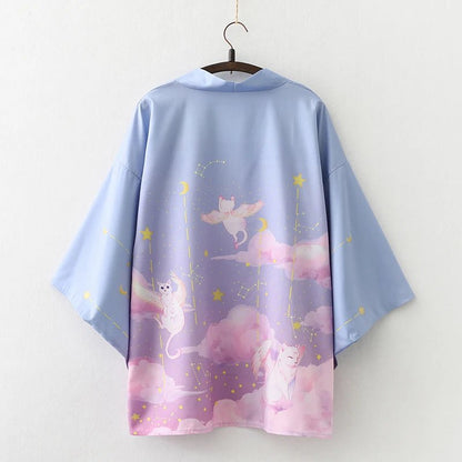 Haori Kimono Chat Femme – Violet Clair - Taille unique
