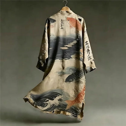 Robe Kimono Illustré Unisexe – Beige - S