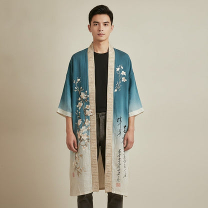 Robe Kimono Chinois Unisexe – Bleu et Beige - S