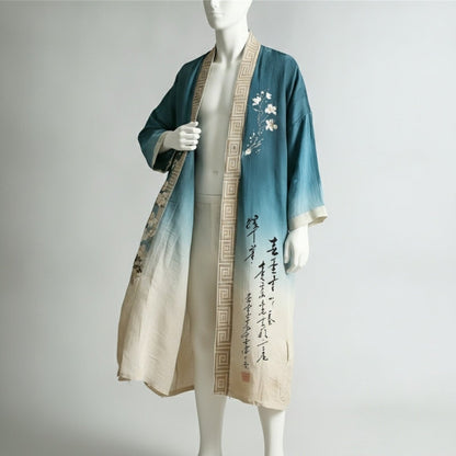 Robe Kimono Chinois Unisexe – Bleu et Beige - S