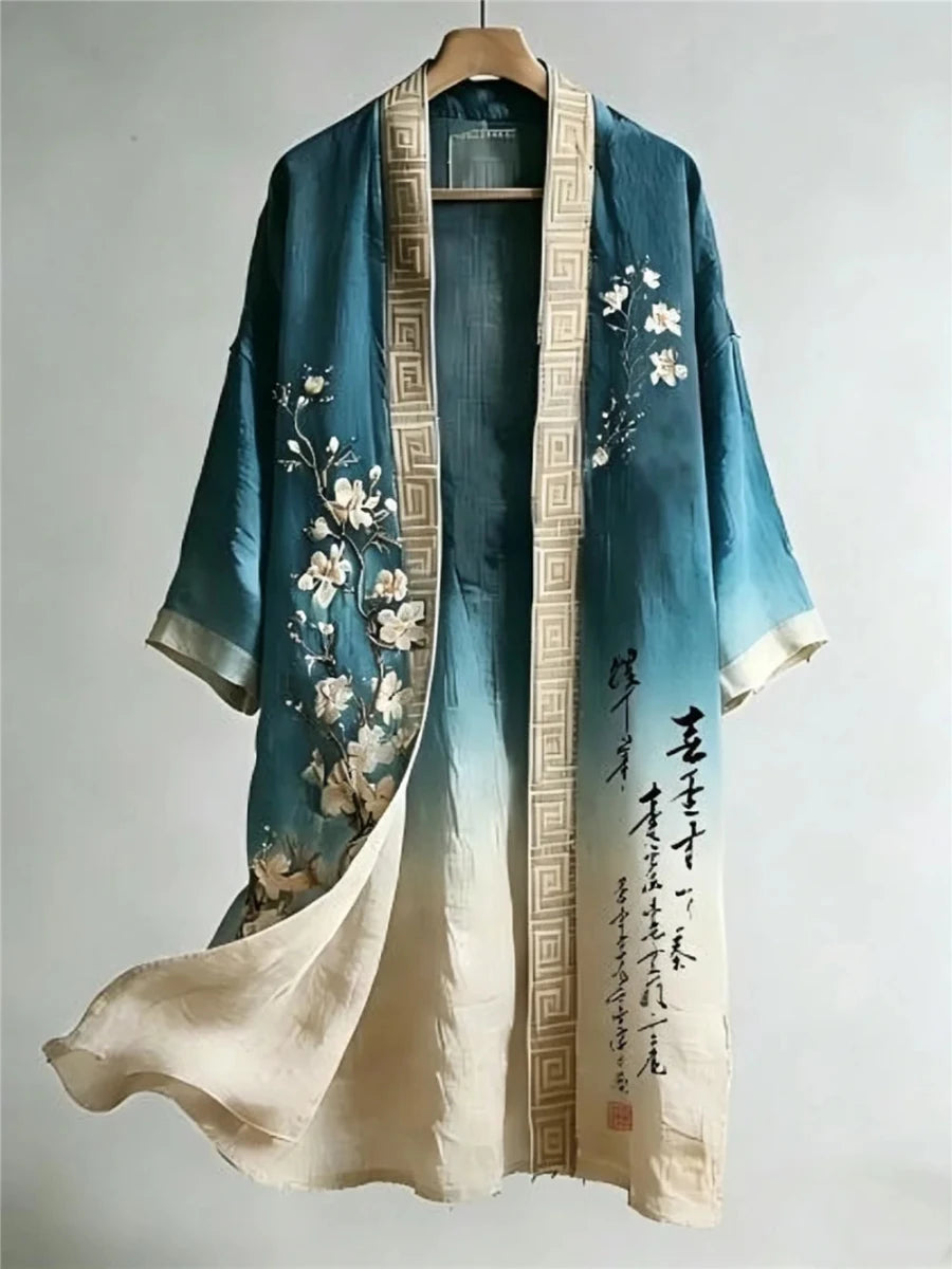 Robe Kimono Chinois Unisexe – Bleu et Beige - S